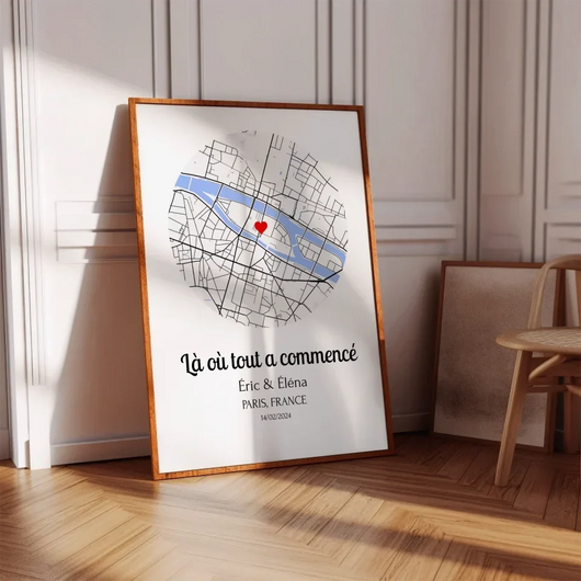 Personalisiertes Poster mit Karte des Ortes Ihrer Begegnung