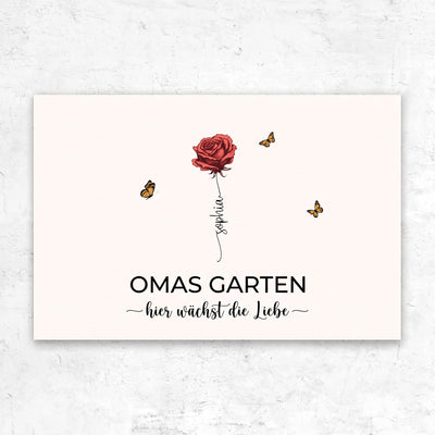 Personalisierte Leinwand Omas Garten™ mit Geburtsblumen und Vornamen der Enkelkinder