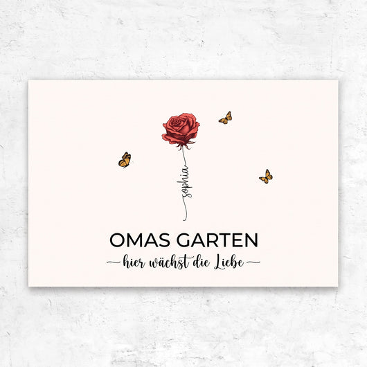 Personalisierte Leinwand Omas Garten™ mit Geburtsblumen und Vornamen der Enkelkinder