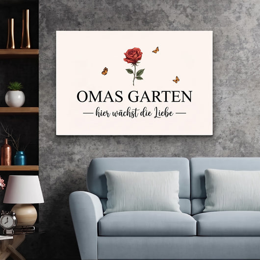 Personalisierte Leinwand Omas Garten™ mit Geburtsblumen und Vornamen der Enkelkinder