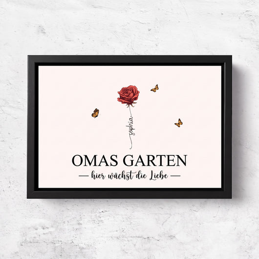 Personalisierte Leinwand Omas Garten™ mit Geburtsblumen und Vornamen der Enkelkinder