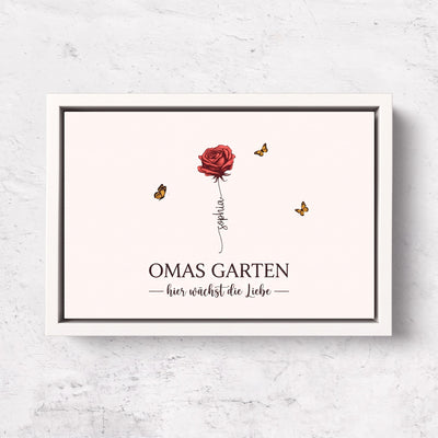 Personalisierte Leinwand Omas Garten™ mit Geburtsblumen und Vornamen der Enkelkinder