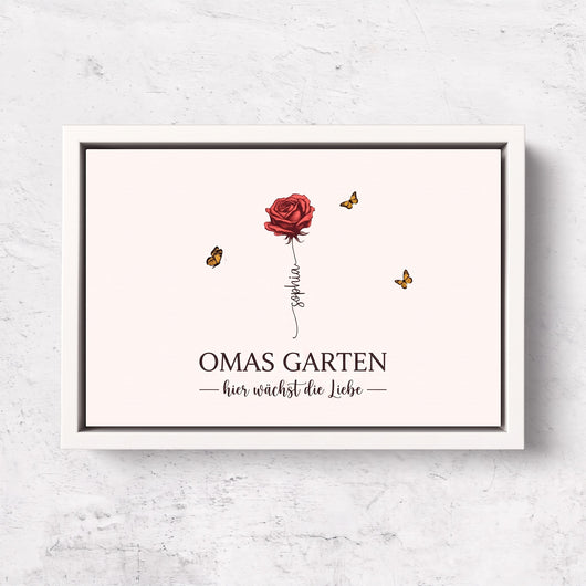 Personalisierte Leinwand Omas Garten™ mit Geburtsblumen und Vornamen der Enkelkinder