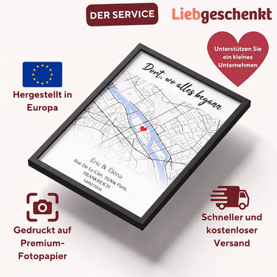 Personalisiertes Poster mit Karte des Ortes Ihrer Begegnung