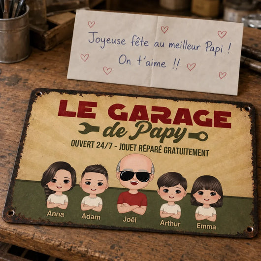 Personalisiertes Deko-Schild Opas Garage™ mit Opa und Enkelkindern